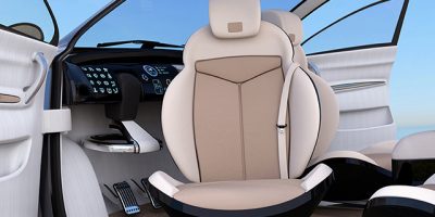 Self-driving SUV interior concept. Front seats can rotate in any angle, for easy entry function. 3D rendering image.